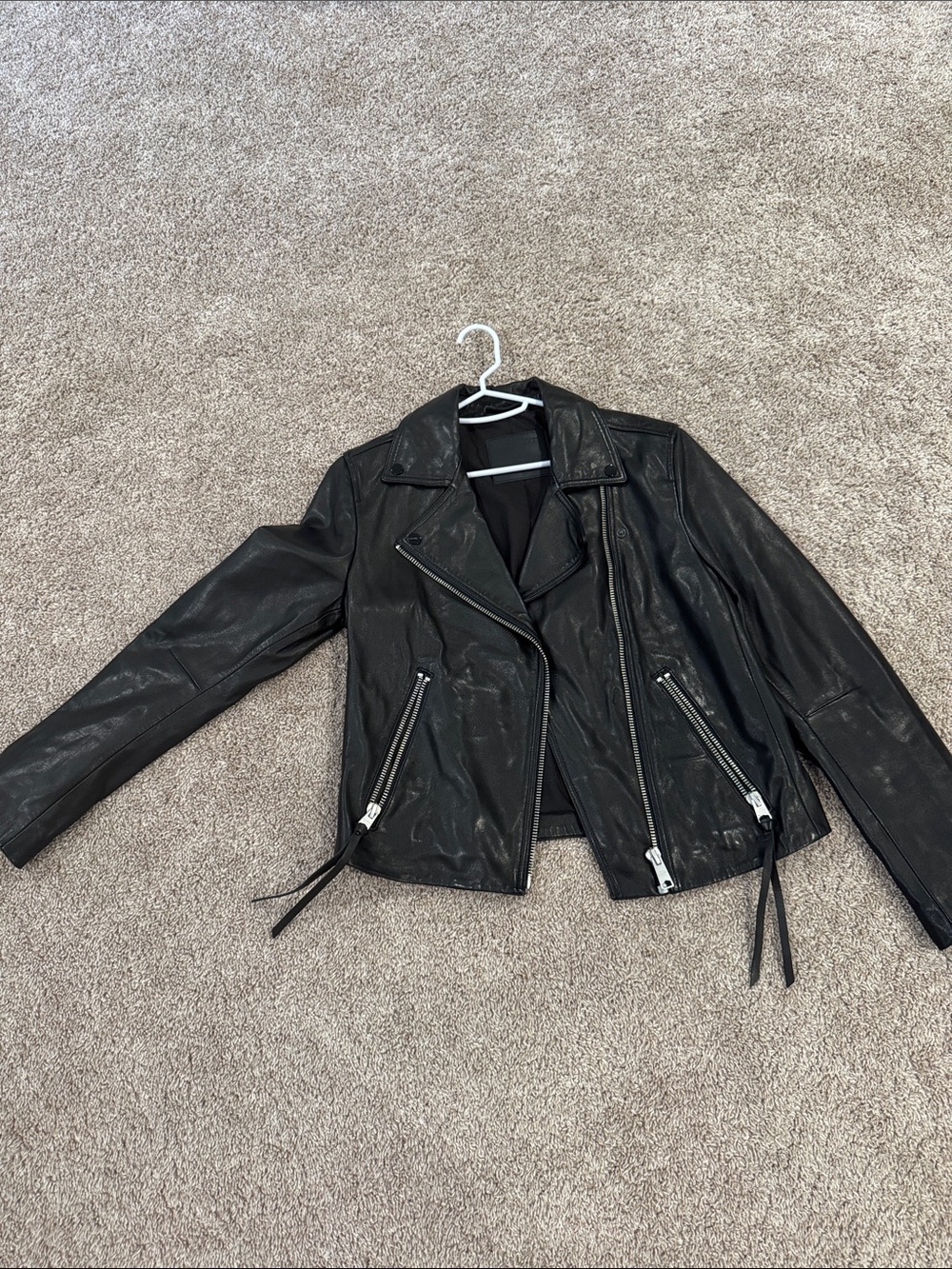 All Saints Black Leather Moto Jacket with Silver Hardware